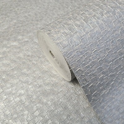 Embossed beige gray silver metallic plain faux square tiles textured Wallpaper