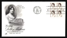 FIRST LADY DOLLEY MADISON  1980 ARTCRAFT CACHET STAMP BLOCK FDC VF UNADDR