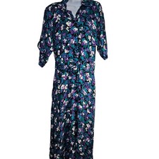Vintage 80s Shirt Dress Womens Size M Purple Blue Floral Belted Midi Long