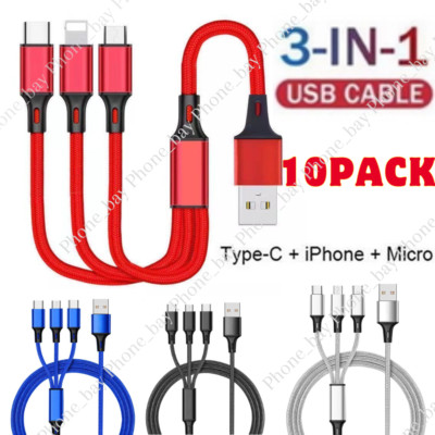 10X Lot 3A Fast USB Charging Cable 3in 1 Charger Cord For iPhone USB-C Micro USB