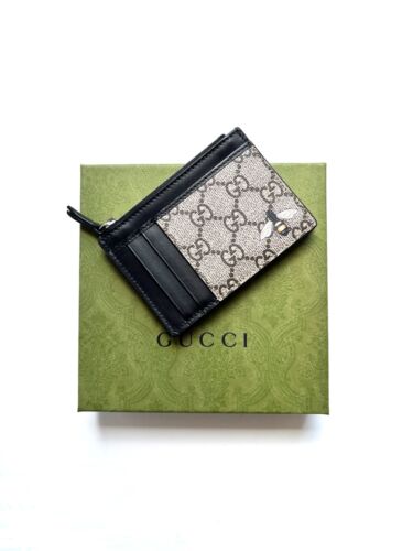 Authentic GUCCI GG Supreme Card Case Monogram Leather Bee Wallet Black Brown