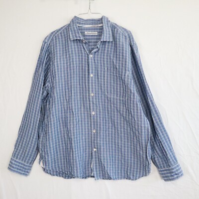 Tommy Bahama Shirt Mens XL Linen Blend Pocket Button Up Blue Plaid Long Sleeve