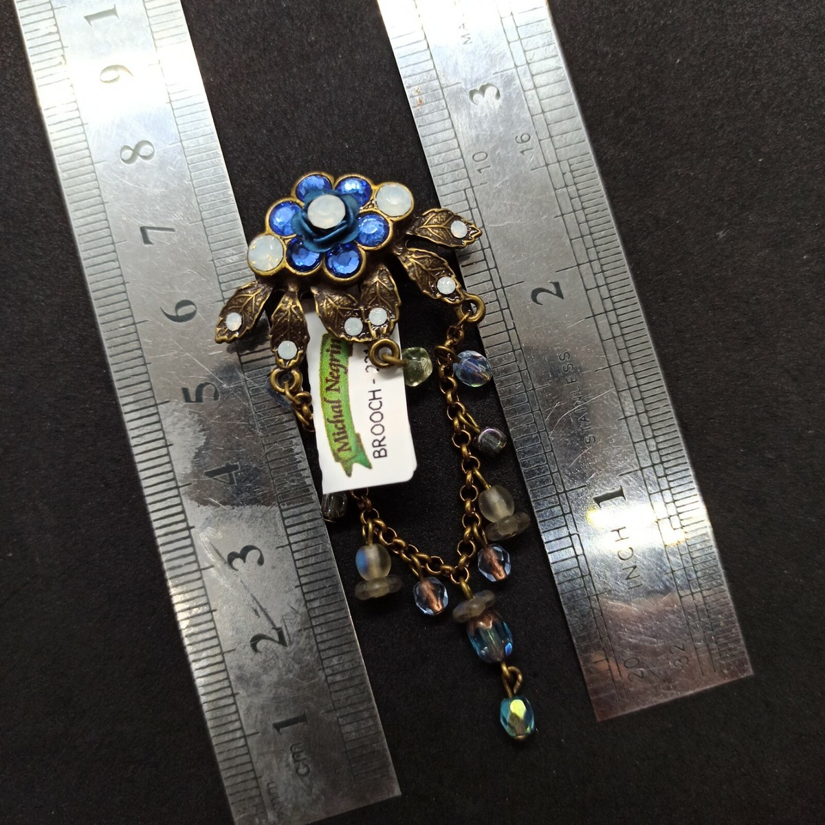 Michal Negrin Brooch Pin Chandelier Rose Flower & Blue Swarovski