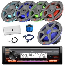 JVC Single DIN Marine BT Receiver, 4x 6.5" LED Speaker, Sub, Amp,Accessories