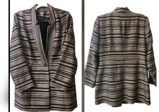 Chico's Blazer Size 2 Gold Black Metallic Brocade Tweed Longline Jacket Sz 12-14