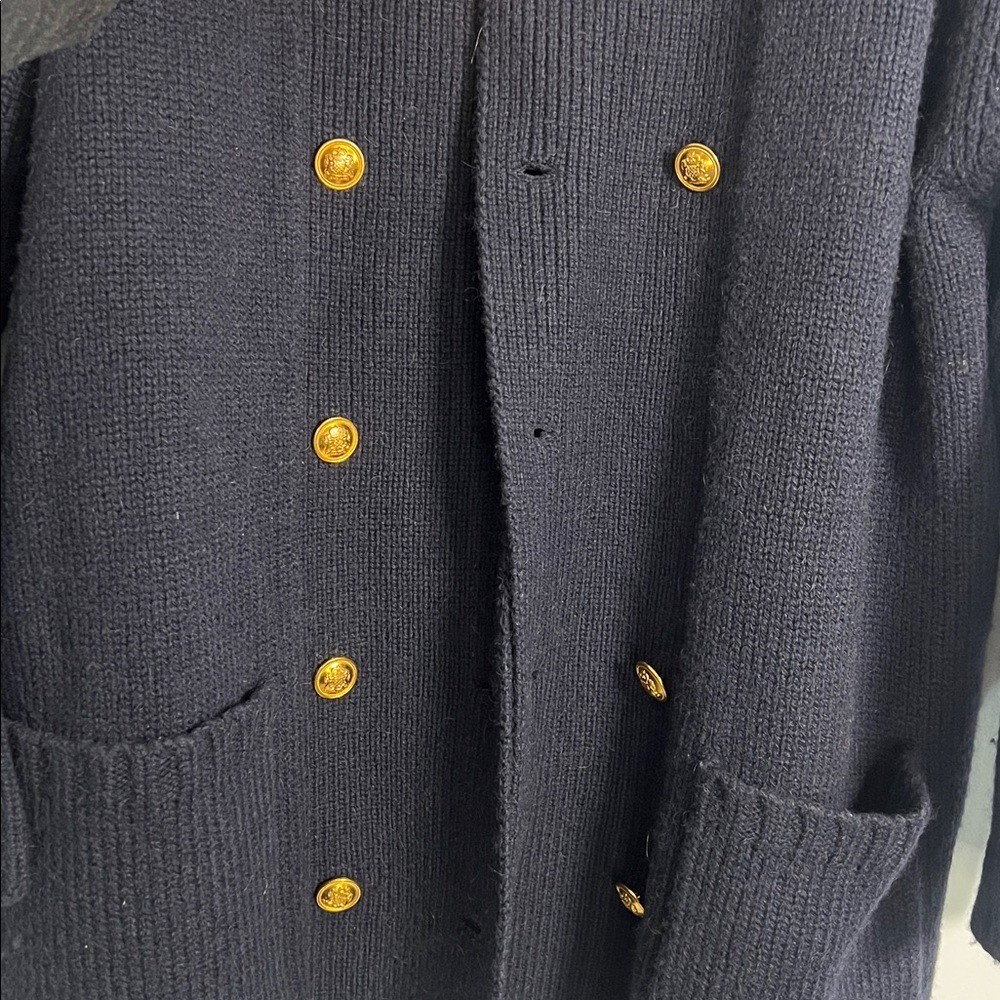 Lauren Ralph Lauren Women's Navy Blue Gold Knit Camel Hair Wool Cardigan Large thumbnail 3