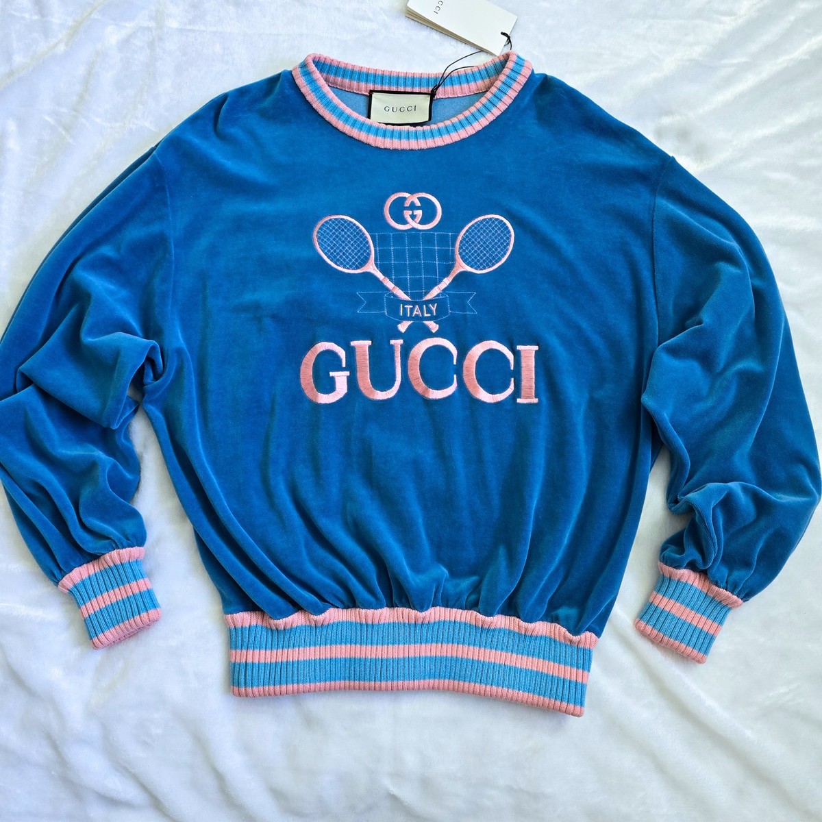 GUCCI テニス トレーナー Gucci Tennis Racket Embroidered Velour Sweatsuit Blue | Size XS