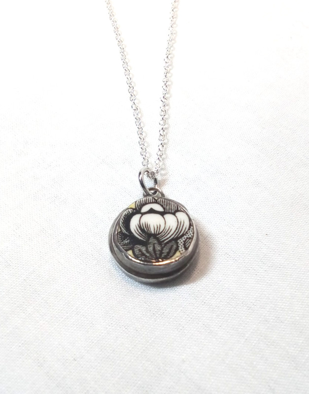 Broken China Jewelry-Vintage Black Transferware Necklace Sterling Setting
