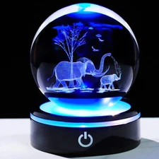 3D Elephant Figurine Crystal Ball with Colorful Light Base, Glass Elephant Gi...