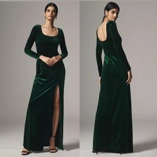 BHLDN || Bella Long-Sleeve Side-Slit Stretch Velvet Maxi Dress Emerald M NWT