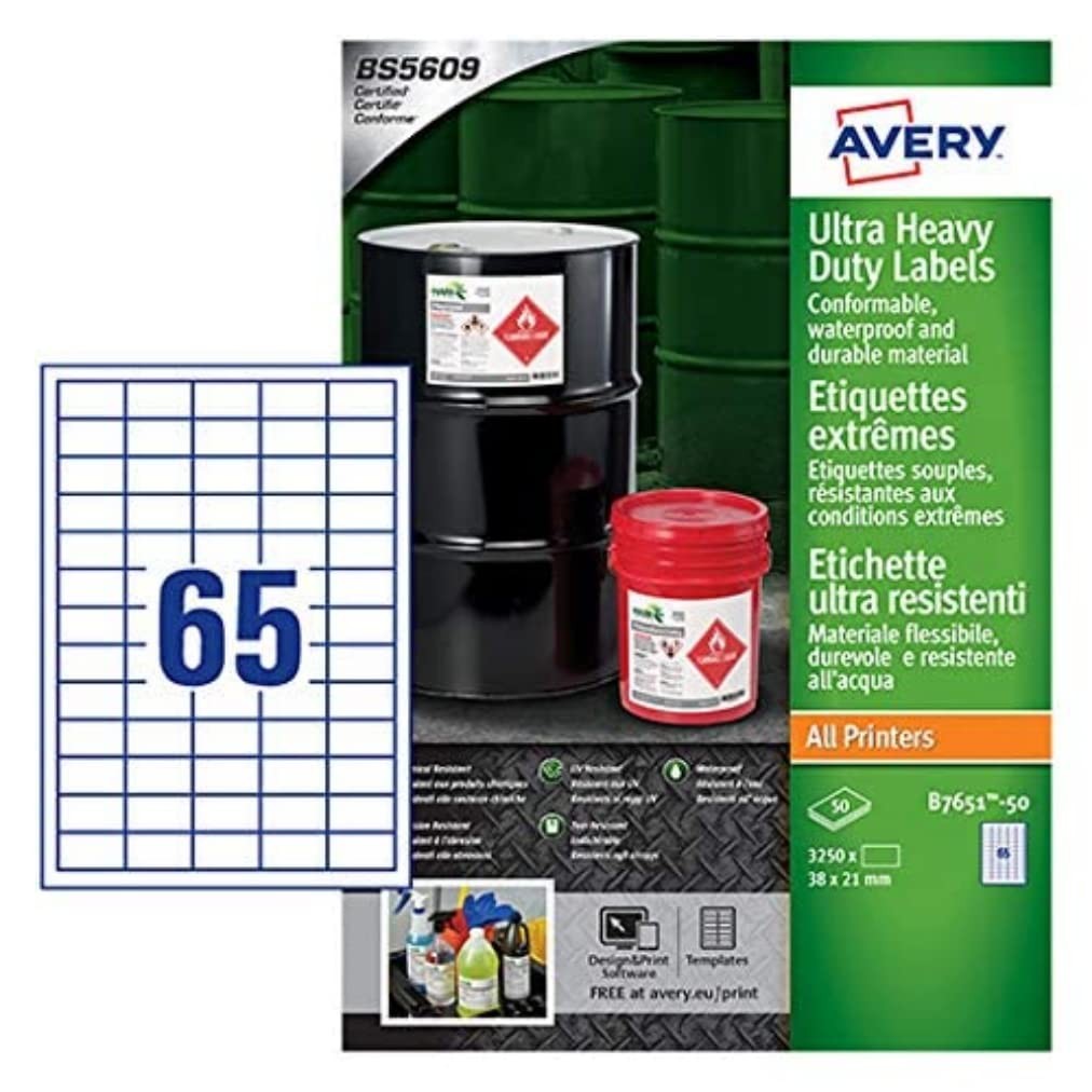 Avery B7651-50 Extra Strong Adhesive, Ultra Heavy Duty Industrial Waterproof GHS
