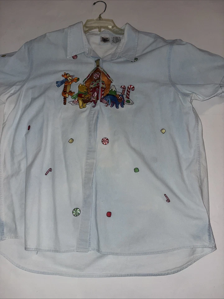 Camisa con botones Winnie the Pooh Disney para mujer 2X bordada Navidad de colección años 90 Foto 2 de 4