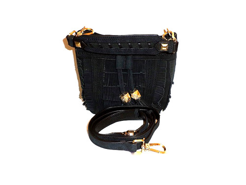 NWT! Brian Atwood Black Suede Crossbody Fringe Bucket Bag