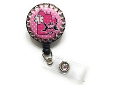 Pink Polka Dots Retractable Bling Super Nurse Button Reel ID Holder