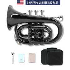 Black Bb Pocket Trumpet Brass Lacquer Trumpet 7C Mouthpiece, Hard Case,Strap