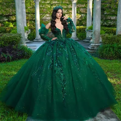Vintage Emerald Green V-Neck Quinceanera Dresses With Sleeve Shiny Applique  Lace | eBay