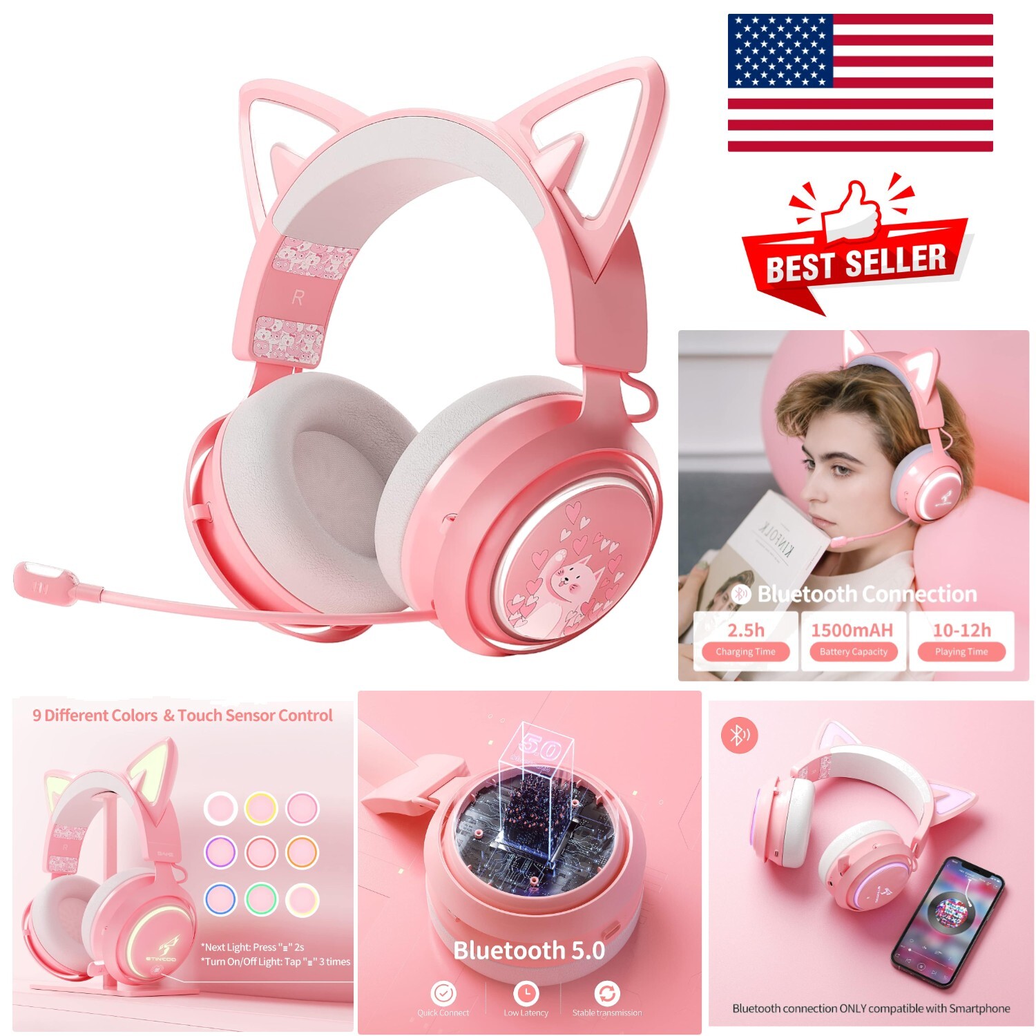 Over-Ear Pink Cat Ear Headphones - Immersive 7.1 Surround Sound & RGB Lighting-image