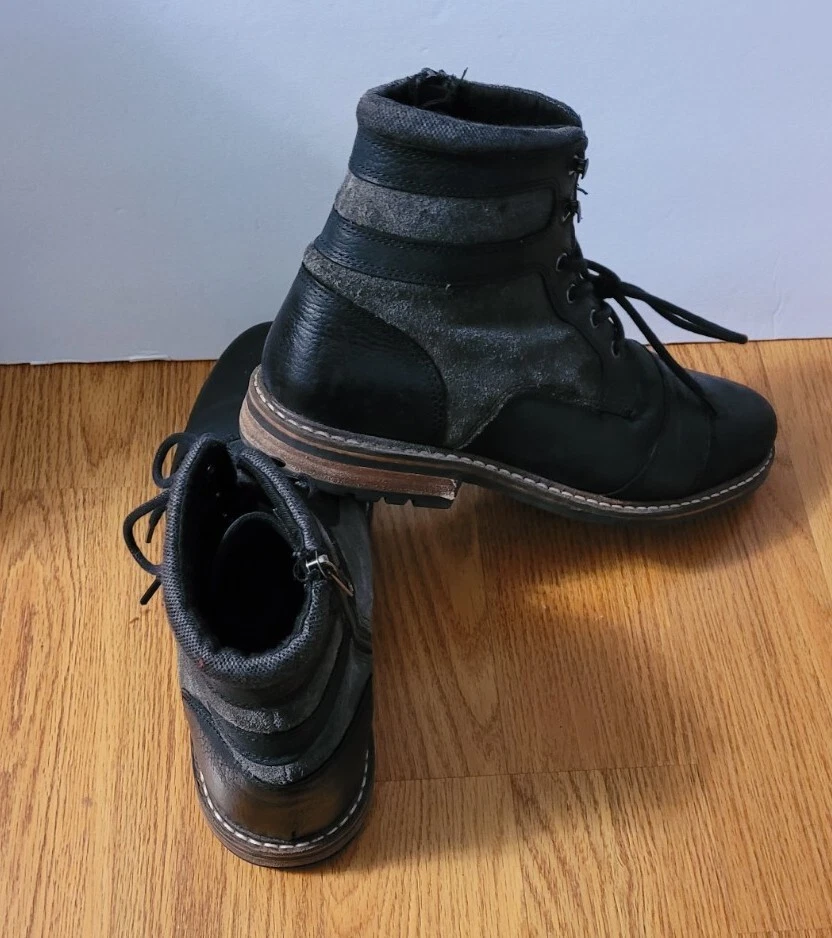 Crevo Kardinn Black Gray Leather 6 Eyelet Zip Up Combat Boots Mens Size 11