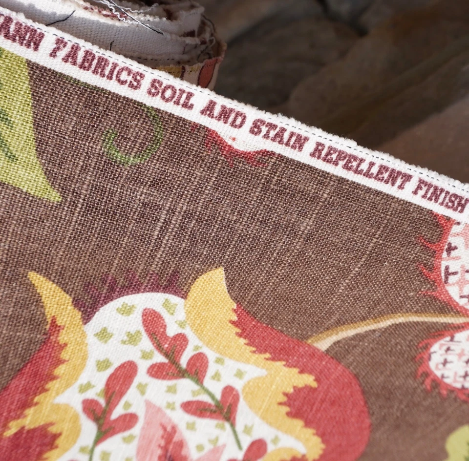Kaufmann Floral Vine Fabric Brown Multicolor Linen Look 54” BTY Soil Stain Rep - Image 3 of 4