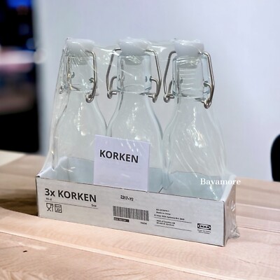 IKEA KORKEN Bottle with stopper, clear glass, oz, NEW (3-PACK