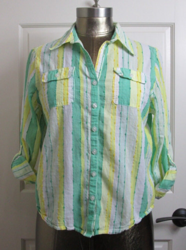 Alfred Dunner Green Yellow White Striped Top Women