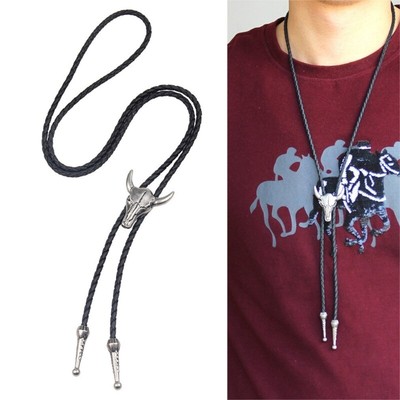 2pcs Cowboy Bolo Necktie with Relief Oxes Head Buckle Elegant Tie for Male