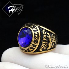 Stainless Steel US Army Military Gold/Black Plated Blue Rhinestone Oval Ring 100