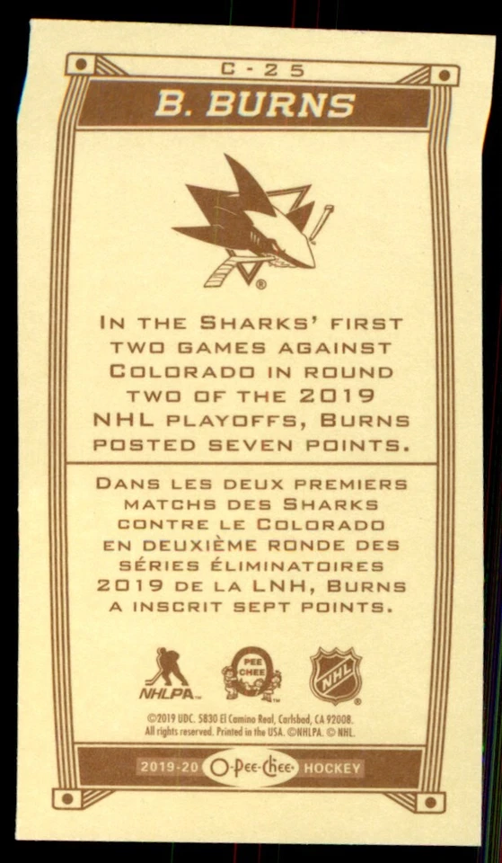2019-20 O-Pee-Chee Caramel Minis Brent Burns San Jose Sharks #C25 - Image 2 of 2