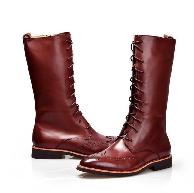 Mens Brogue Wing Tip Carved Pointy Toe Real Leather Knee High Work