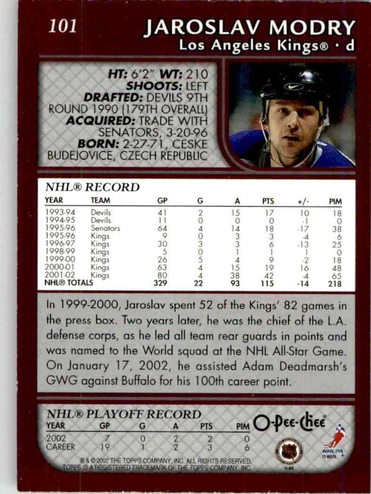 2002-03 O-Pee-Chee Jaroslav Modry #101 - Image 2 of 2
