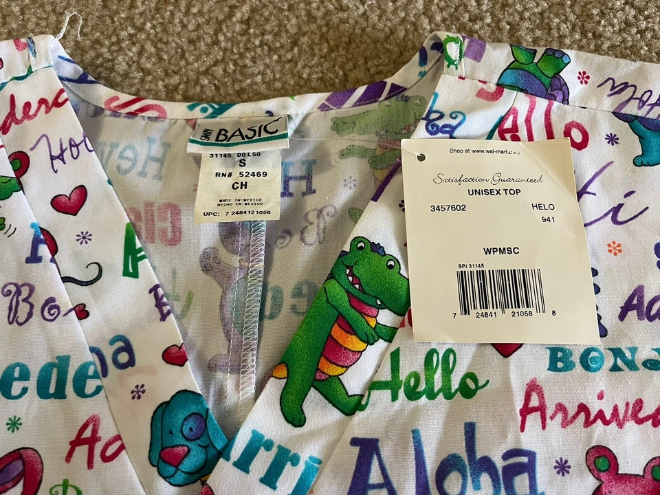 New Adorable Cartoon Animal HELLO Simply Basic Scrub Top Polyester/Cotton Sz Sm - Image 3 of 4