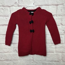Tahari Girls Red Cable Knit Cardigan Sweater XS 4 Kids Long Sleeve Black Bow