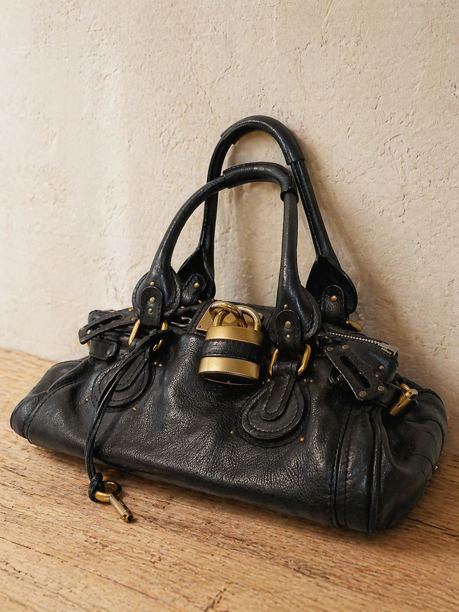Chloe Paddington Black Leather Satchel Padlock Key faded Vintage
