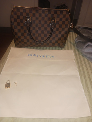 Louis Vuitton Checkered Top Handle Bag Brown Zip Lock & Key Red Lining Gold