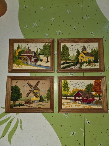 4 Vintage Crewel Embroidered Framed Art Covered Bridge Farm Barn Windmill 6x8