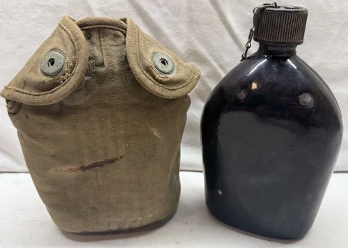 RARE WW2 US Army Black Porcelain Enamel Canteen w/ Cover - Vintage Military
