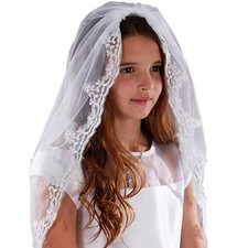 Girls Tulle Lace Edge Mantilla First Communion Veil White 36 Inch Headpiece