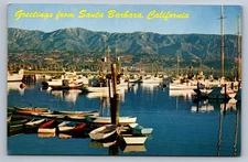 Postcard CA  Santa Barbara Greetings Yacht Harbor Boats Chrome Unposted  N996