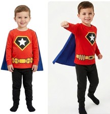 Image of Boys George Superhero Pyjamas & Cape Red Black 100% Cotton Cuffed Gift Pjs NEW