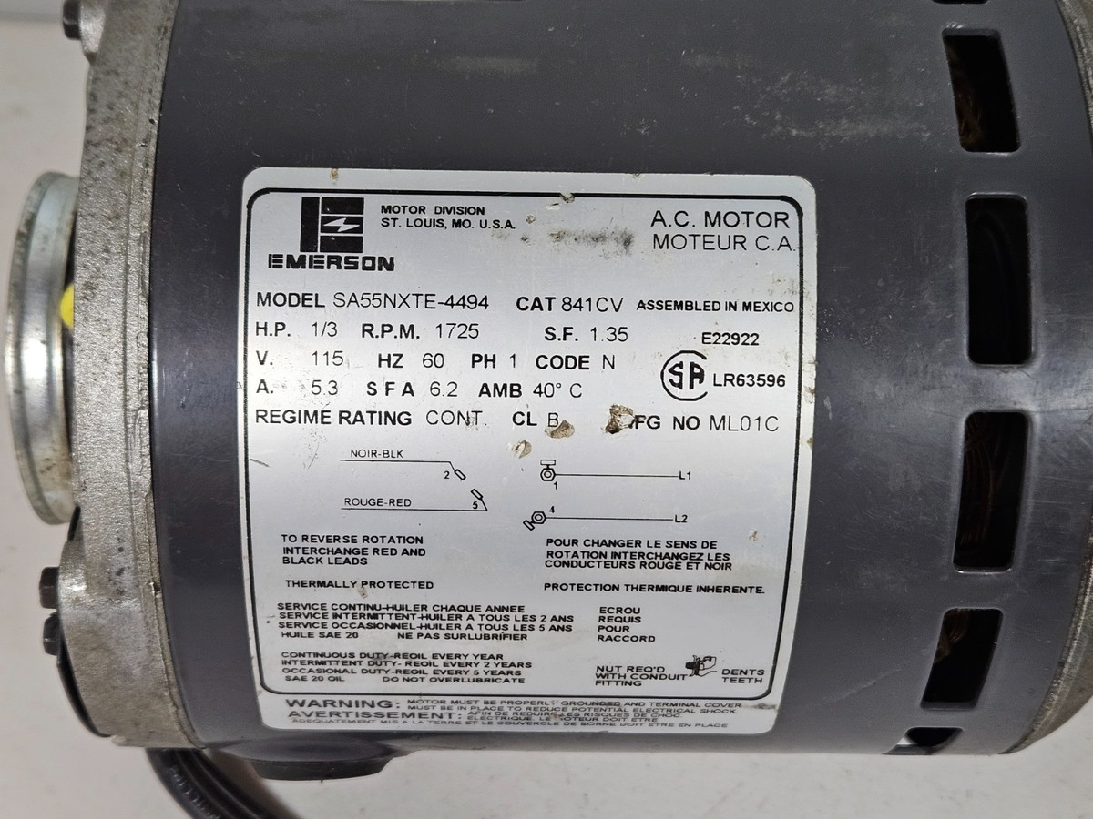 Emerson Electric 1/3 HP 1725 RPM Furnace Motor SA55NXTE-4494 115 V