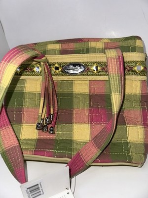 Donna Sharp Green & Pink & Yellow Plaid & Floral Quilted Double Handle PURSE NWT