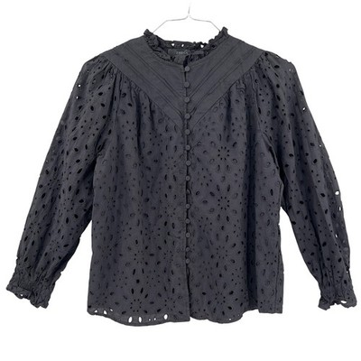 Zesica Womens Black Eyelet Button Front Ruffle Neck Balloon Sleeve Blouse Size L
