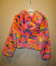 Girls Hot Delicious Faux Fur Multicolor Hooded Jacket Size M Vibrant Colors