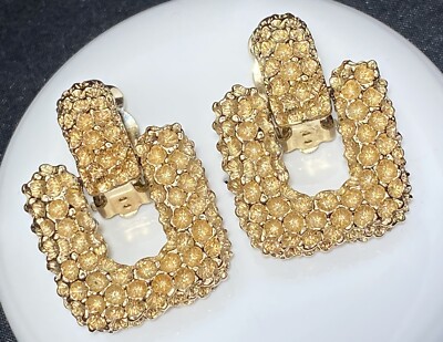 Vintage Ciner SIGNED Gold Textured Door Knocker Earrings Pair-MINT