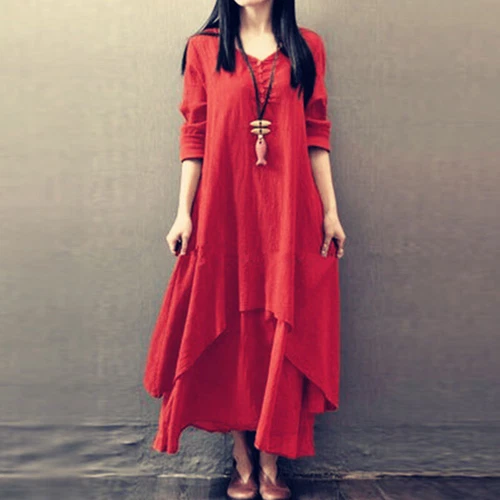 Womens Boho Cotton Linen Dress Long Sleeve Dress Sundress Maxi Dress Casual New - Picture 16 of 23
