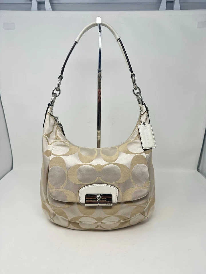 Bolso Hobo Coach Kristin de Lino 16817 Beige Marrón Firma C Bolso de Mano Cartera Foto 2 de 4