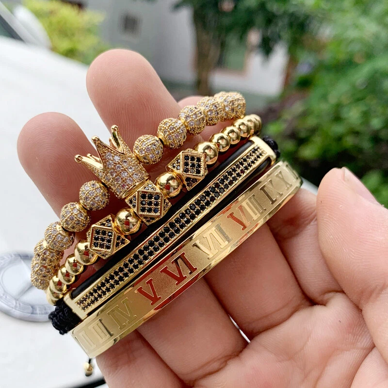 Men King Crown Charm Macrame Bracelets Gold Roman Numeral Stainless Steel Bangle