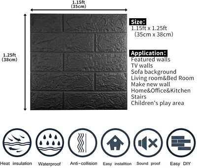 Black 3D Tile Brick Wall Sticker Self-adhesive Foam Panel Wallpaper 14.5 SQ FT