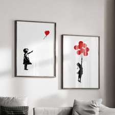 Set of 2 Banksy Wall Art Posters Prints Red Heart Balloon Girl Pictures Décor