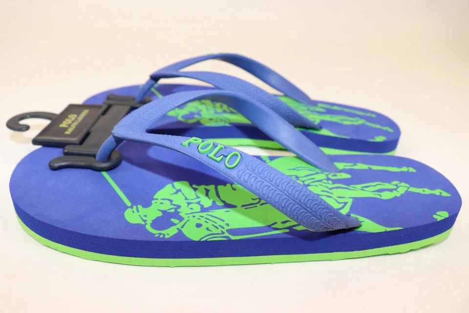 NEW RALPH LAUREN Size 5 Boy's Flip Flop Sandal Blue Green POLO Pony Strap Rubber - Image 2 of 3